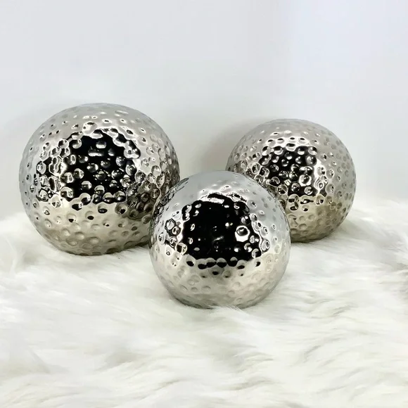 Torre & Tagus Decor Hammered Ceramic Decor Balls, Chrome, Set of Three (3) - Picture 7 of 8